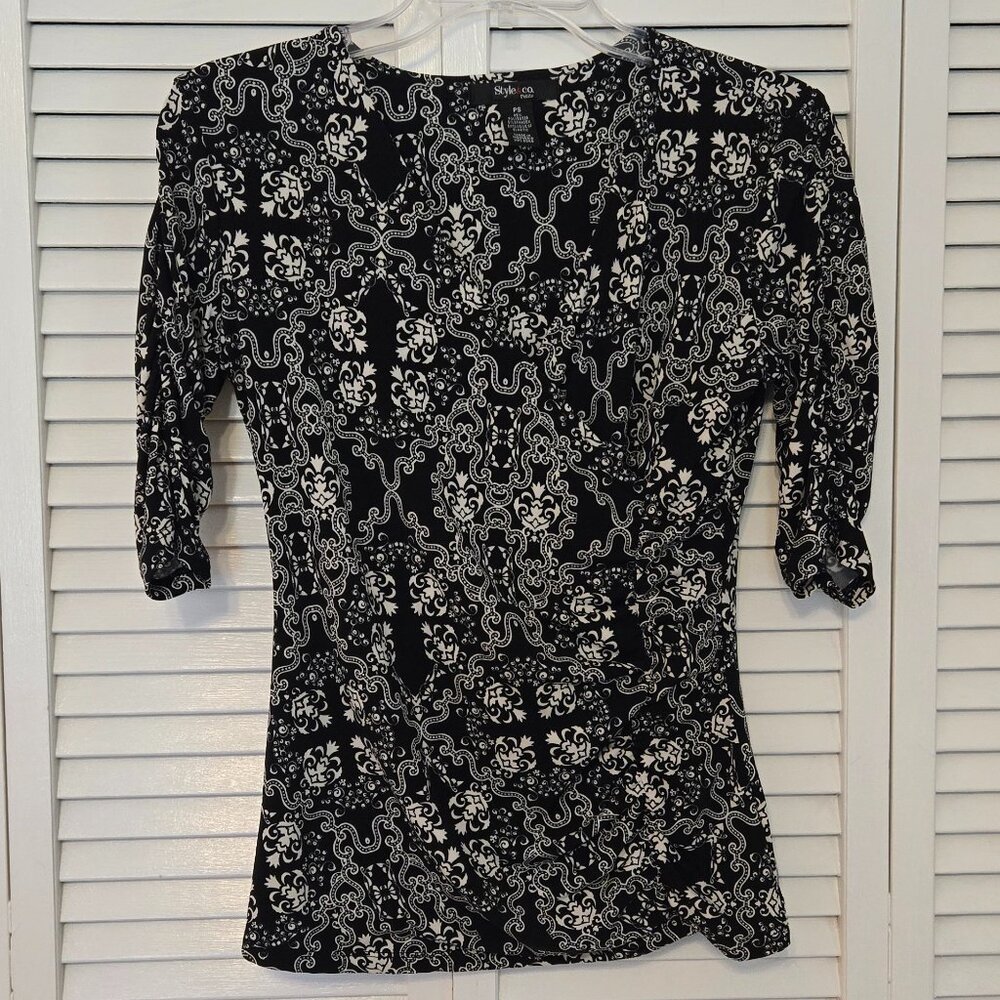 Style&Co Wrap Front Black and White Top with Ruched sides and Sleeves - Size PS